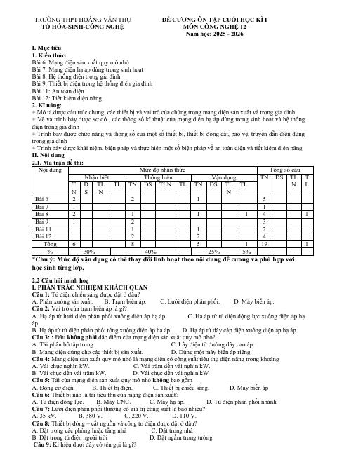 Đề cương ôn tập Học kì 1 Công nghệ Công nghiệp 12 năm 2025–2026 trường THPT Hoàng Văn Thụ (Hà Nội)